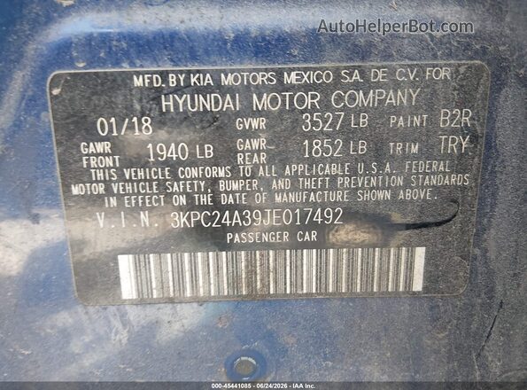 3KPC24A39JE017492 2018 HYUNDAI ACCENT Blue ძრავის განყოფილების ხედი