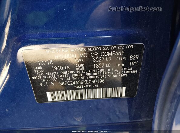 3KPC24A39KE060196 2019 HYUNDAI ACCENT Blue Engine compartment view
