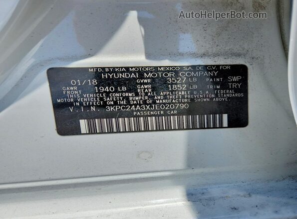 3KPC24A3XJE020790 2018 HYUNDAI ACCENT White VIN կոդի պիտակի տեսք