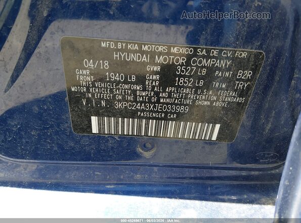 3KPC24A3XJE033989 2018 HYUNDAI ACCENT Blue Engine compartment view