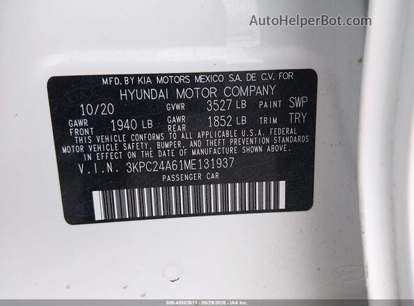 3KPC24A61ME131937 2021 HYUNDAI ACCENT White Շարժիչի բաժամունքի տեսք