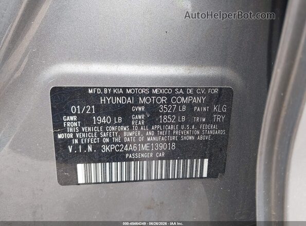 3KPC24A61ME139018 2021 HYUNDAI ACCENT Gray ძრავის განყოფილების ხედი