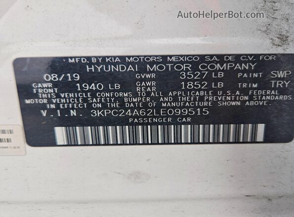 3KPC24A62LE099515 2020 HYUNDAI ACCENT White Widok komory silnika