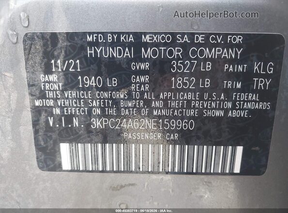 3KPC24A62NE159960 2022 HYUNDAI ACCENT Gray Vista del compartimento del motor