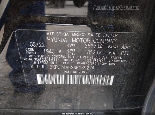 3KPC24A62NE169274 2022 HYUNDAI ACCENT Black ძრავის განყოფილების ხედი