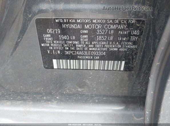 3KPC24A63LE093304 2020 HYUNDAI ACCENT Gray Вид підкапотного простору