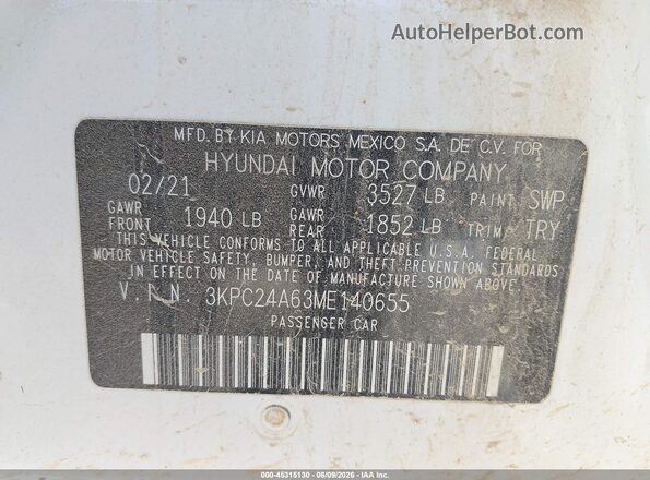 3KPC24A63ME140655 2021 HYUNDAI ACCENT White Engine compartment view