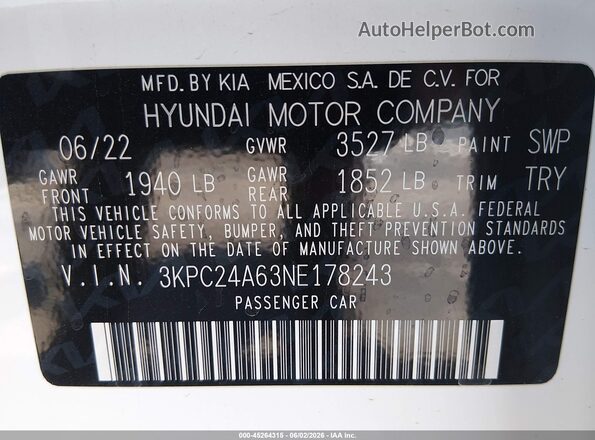 3KPC24A63NE178243 2022 HYUNDAI ACCENT White Вид підкапотного простору