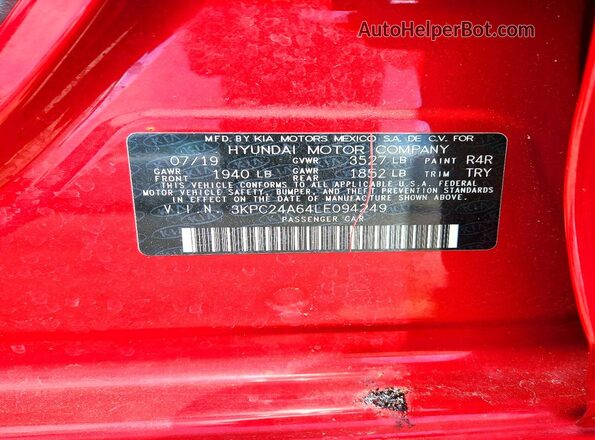 3KPC24A64LE094249 2020 HYUNDAI ACCENT Red VIN կոդի պիտակի տեսք