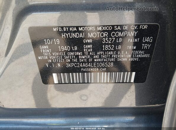 3KPC24A64LE106528 2020 HYUNDAI ACCENT Gray ძრავის განყოფილების ხედი