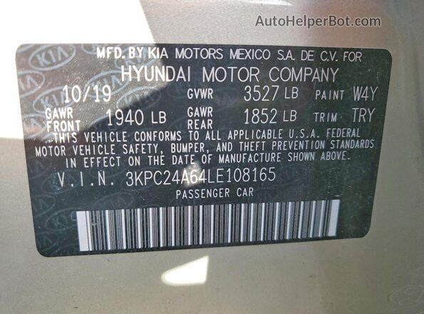 3KPC24A64LE108165 2020 HYUNDAI ACCENT Beige VIN կոդի պիտակի տեսք