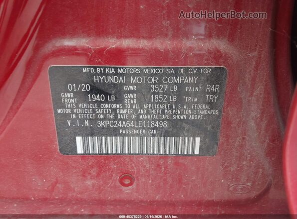 3KPC24A64LE118498 2020 HYUNDAI ACCENT Красный Вид подкапотного пространства