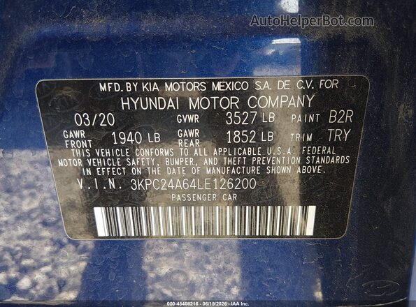 3KPC24A64LE126200 2020 HYUNDAI ACCENT Blue Engine compartment view