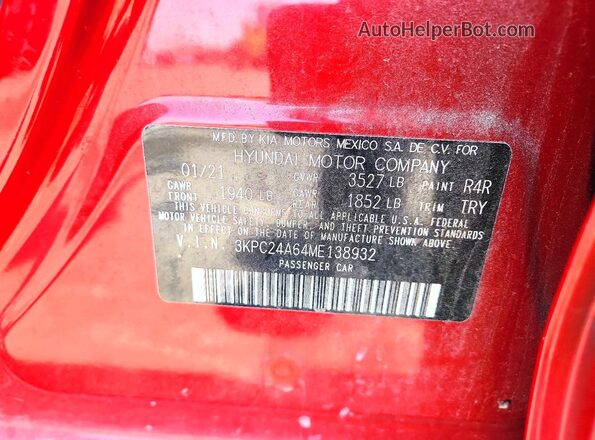 3KPC24A64ME138932 2021 HYUNDAI ACCENT Red 