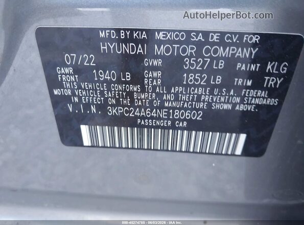 3KPC24A64NE180602 2022 HYUNDAI ACCENT Серый Вид подкапотного пространства