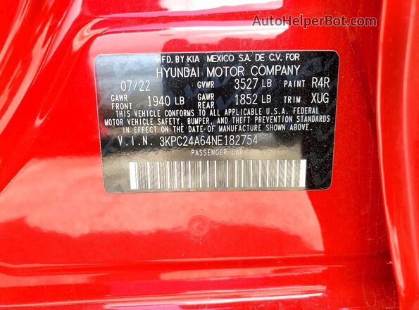 3KPC24A64NE182754 2022 HYUNDAI ACCENT Red Вид підкапотного простору