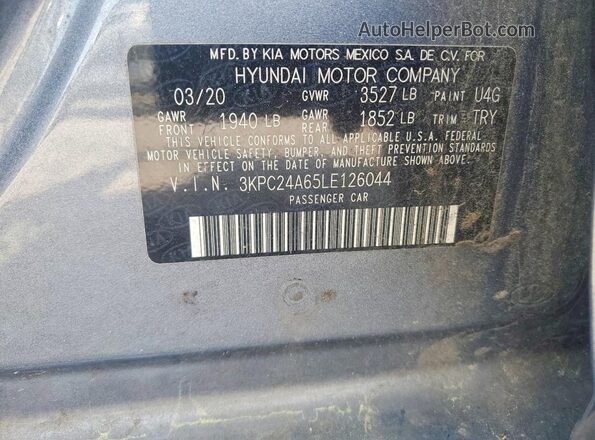 3KPC24A65LE126044 2020 HYUNDAI ACCENT Gray Вид підкапотного простору