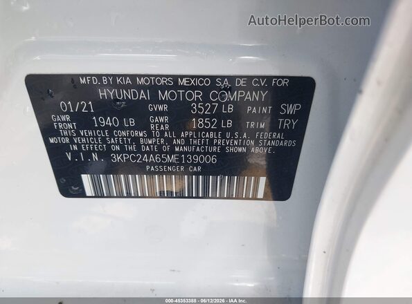 3KPC24A65ME139006 2021 HYUNDAI ACCENT White Вид підкапотного простору