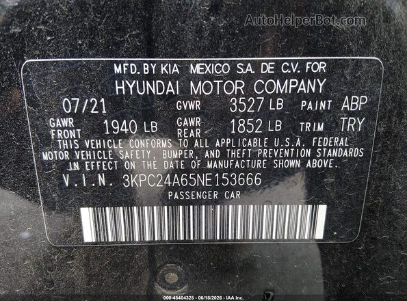 3KPC24A65NE153666 2022 HYUNDAI ACCENT Black ძრავის განყოფილების ხედი