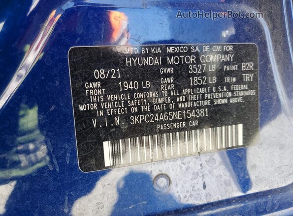 3KPC24A65NE154381 2022 HYUNDAI ACCENT Blue Widok naklejki z numerem VIN