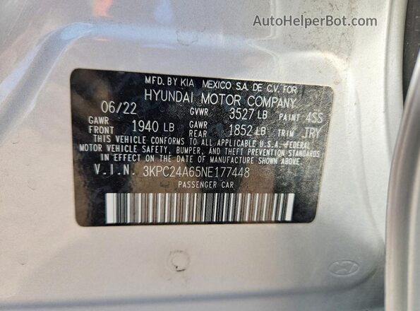 3KPC24A65NE177448 2022 HYUNDAI ACCENT Silver 