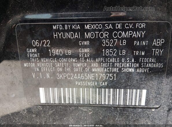 3KPC24A65NE179751 2022 HYUNDAI ACCENT Black ძრავის განყოფილების ხედი