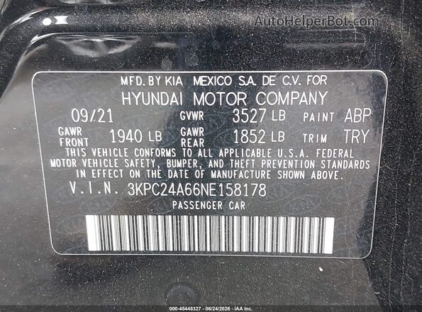 3KPC24A66NE158178 2022 HYUNDAI ACCENT Black Engine compartment view
