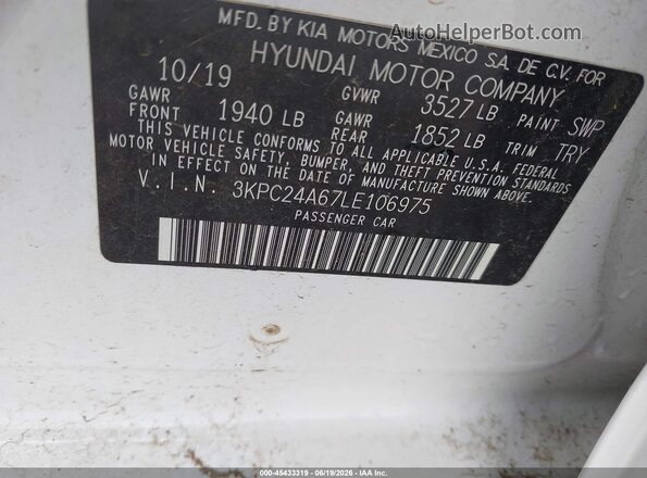 3KPC24A67LE106975 2020 HYUNDAI ACCENT Белый Вид подкапотного пространства