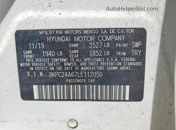 3KPC24A67LE112050 2020 HYUNDAI ACCENT White VIN sticker view