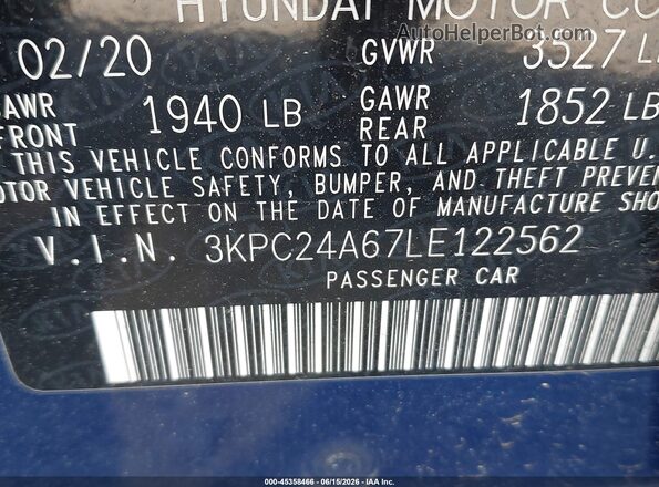 3KPC24A67LE122562 2020 HYUNDAI ACCENT Navy Engine compartment view