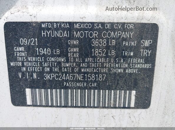 3KPC24A67NE158187 2022 HYUNDAI ACCENT Белый Вид подкапотного пространства