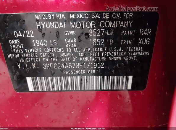 3KPC24A67NE171912 2022 HYUNDAI ACCENT Red ძრავის განყოფილების ხედი