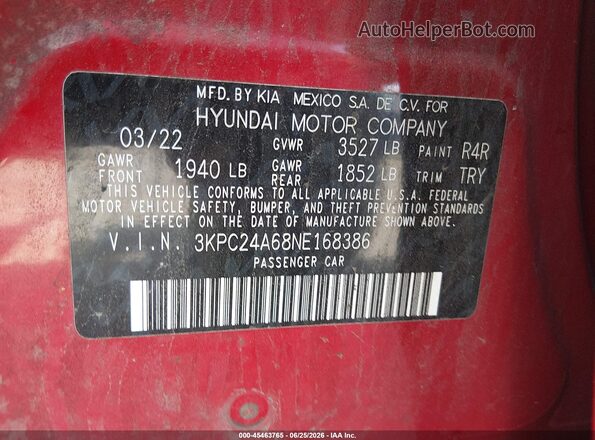 3KPC24A68NE168386 2022 HYUNDAI ACCENT Red ძრავის განყოფილების ხედი