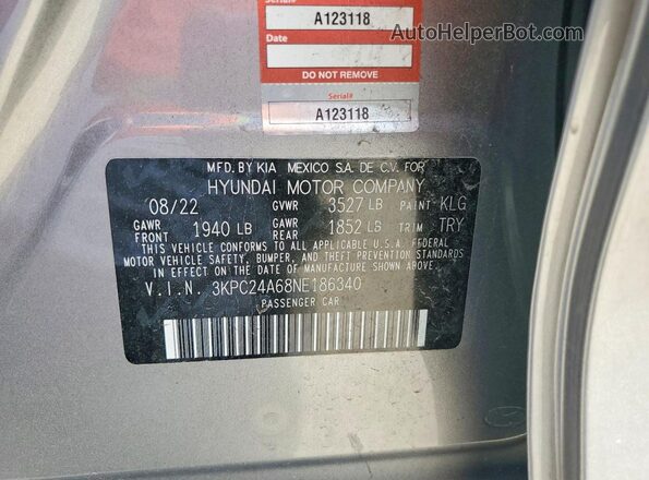3KPC24A68NE186340 2022 HYUNDAI ACCENT Gray VIN կոդի պիտակի տեսք