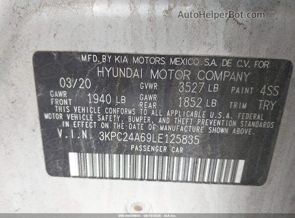 3KPC24A69LE125835 2020 HYUNDAI ACCENT Silver Շարժիչի բաժամունքի տեսք