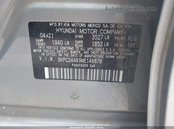 3KPC24A69ME146878 2021 HYUNDAI ACCENT Gray Вид підкапотного простору