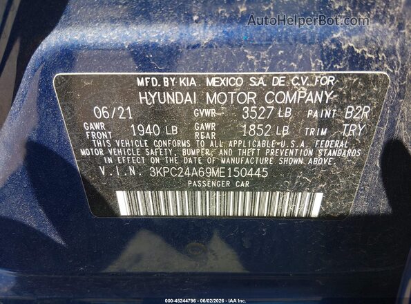 3KPC24A69ME150445 2021 HYUNDAI ACCENT Blue 