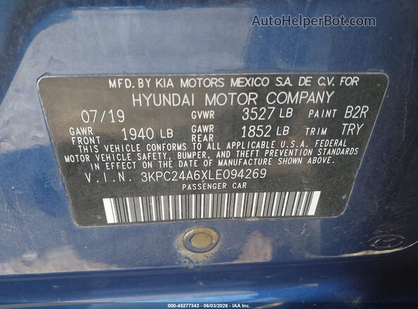3KPC24A6XLE094269 2020 HYUNDAI ACCENT Blue Շարժիչի բաժամունքի տեսք
