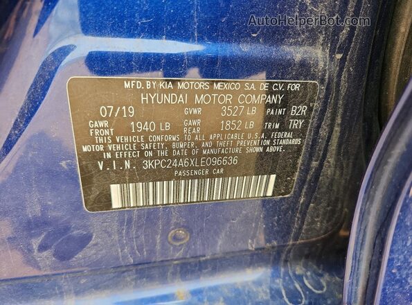 3KPC24A6XLE096636 2020 HYUNDAI ACCENT Blue VIN կոդի պիտակի տեսք