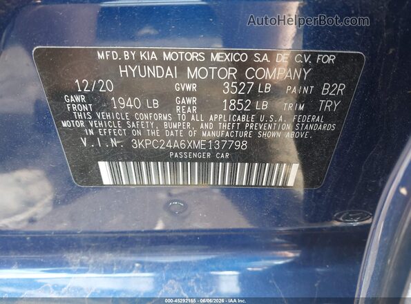 3KPC24A6XME137798 2021 HYUNDAI ACCENT Blue ძრავის განყოფილების ხედი