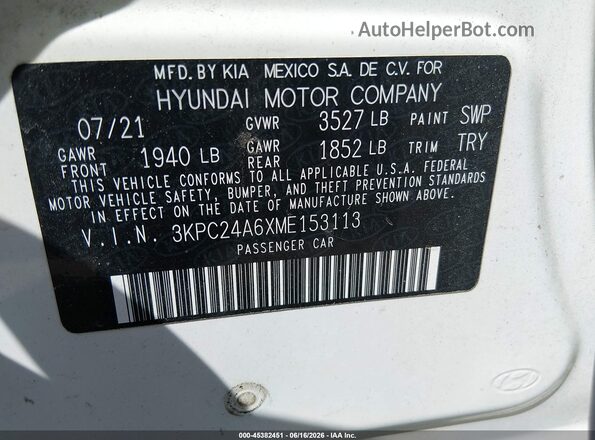 3KPC24A6XME153113 2021 HYUNDAI ACCENT White Вид підкапотного простору