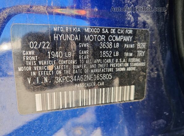 3KPC34A62NE165805 2022 HYUNDAI ACCENT Blue Vista del compartimento del motor