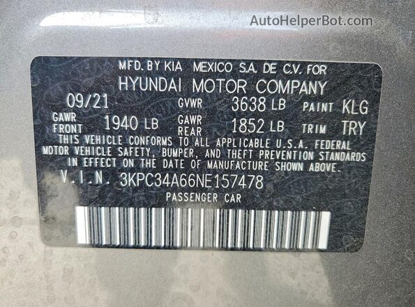 3KPC34A66NE157478 2022 HYUNDAI ACCENT Gray 