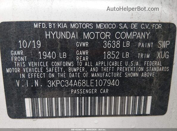 3KPC34A68LE107940 2020 HYUNDAI ACCENT White Вид підкапотного простору