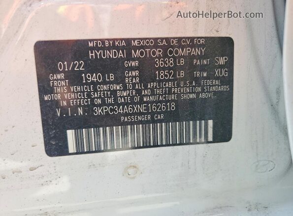 3KPC34A6XNE162618 2022 HYUNDAI ACCENT White 