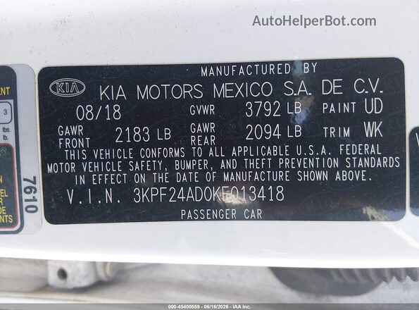 3KPF24AD0KE013418 2019 KIA FORTE Белый 