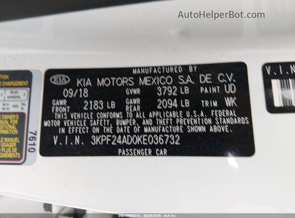 3KPF24AD0KE036732 2019 KIA FORTE White Вид підкапотного простору