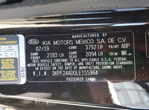 3KPF24AD0LE155964 2020 KIA FORTE Black 
