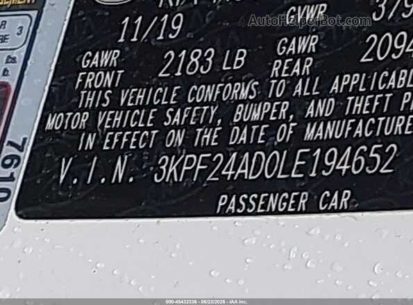 3KPF24AD0LE194652 2020 KIA FORTE Белый Вид подкапотного пространства