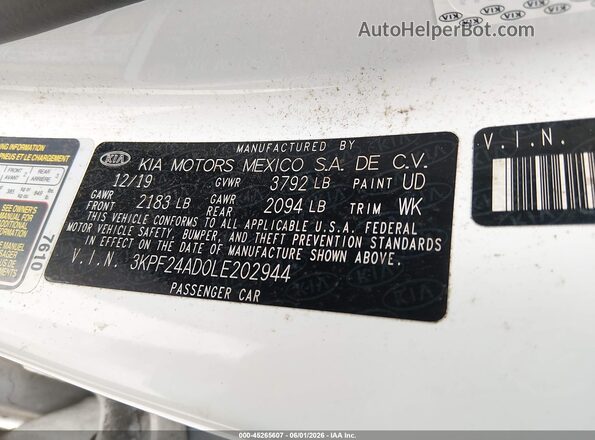 3KPF24AD0LE202944 2020 KIA FORTE White Շարժիչի բաժամունքի տեսք